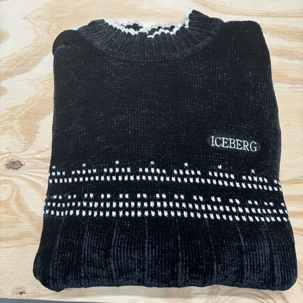 Iceberg History Sweater Mens‎ XL Black Birdseye Jumper Logo Italy Caliber 90s
